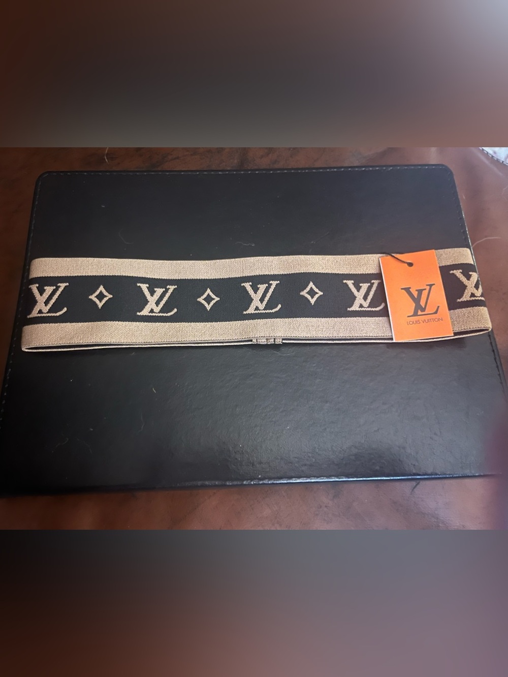 Louis. Vuitton. Sparkling Gold Monogram Logo Stretch Headband